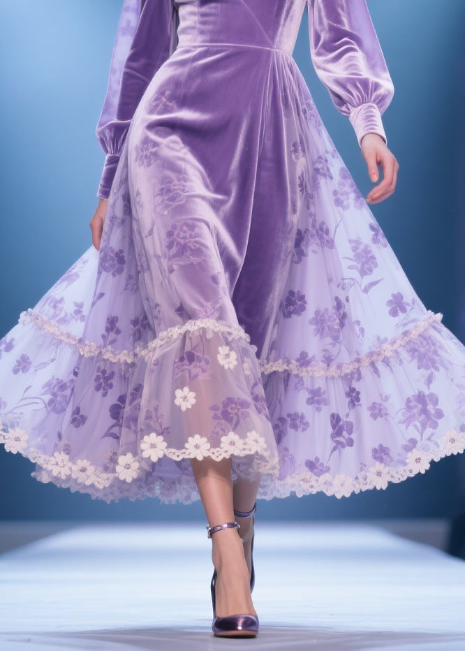 Purple Silk Velvet Lace Floral Print High Waist Party Dress V Neck Spring