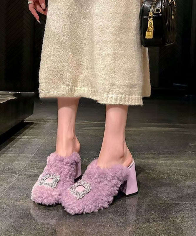 Purple Slippers Shoes Splicing Zircon Chunky Heel Fuzzy Fur Fluffy