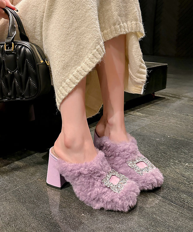 Purple Slippers Shoes Splicing Zircon Chunky Heel Fuzzy Fur Fluffy