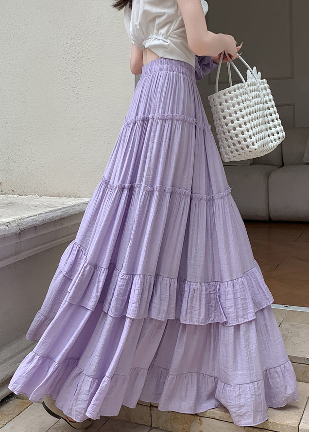 Purple Solid Patchwork Cotton Summer Maxi Skirts Ruffled