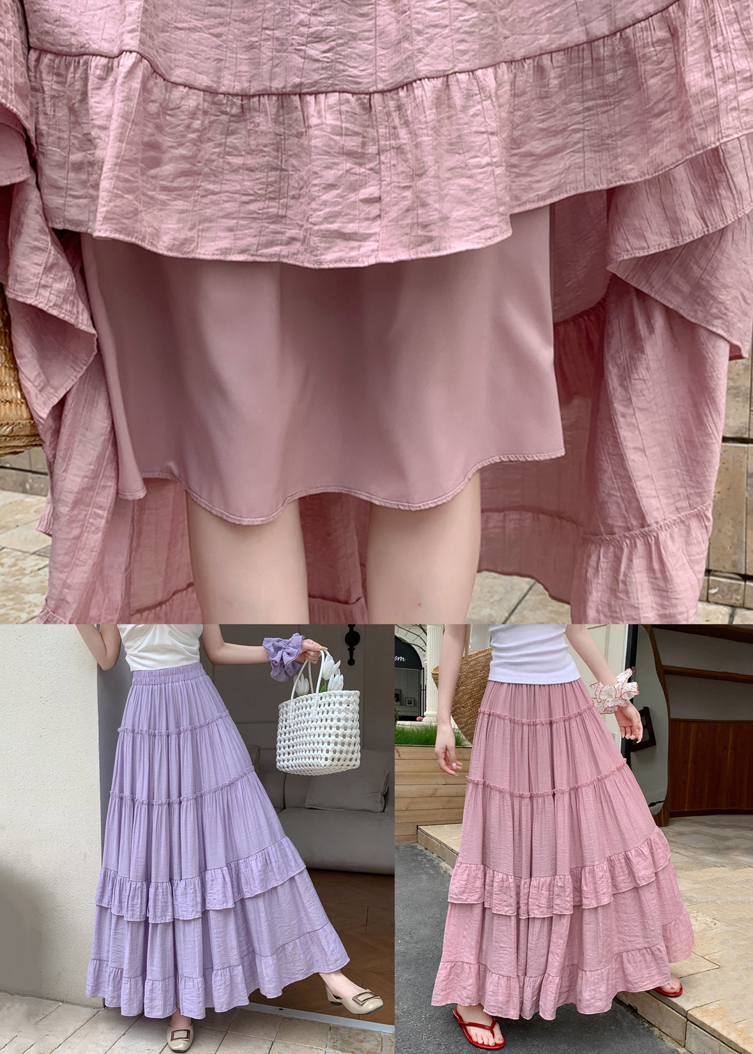 Purple Solid Patchwork Cotton Summer Maxi Skirts Ruffled