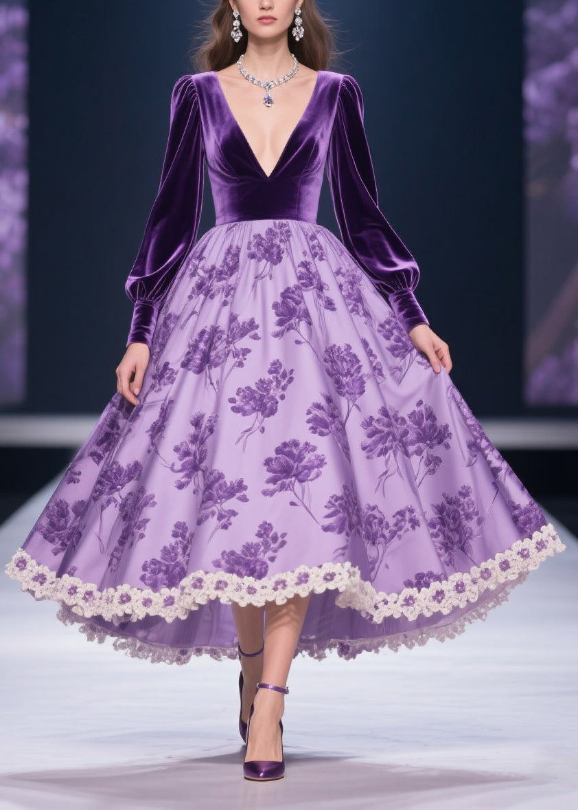 Purple Solid Silk Velvet Patchwork Print Lace Floral Long Dress V Neck Spring