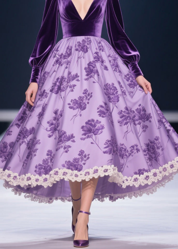 Purple Solid Silk Velvet Patchwork Print Lace Floral Long Dress V Neck Spring