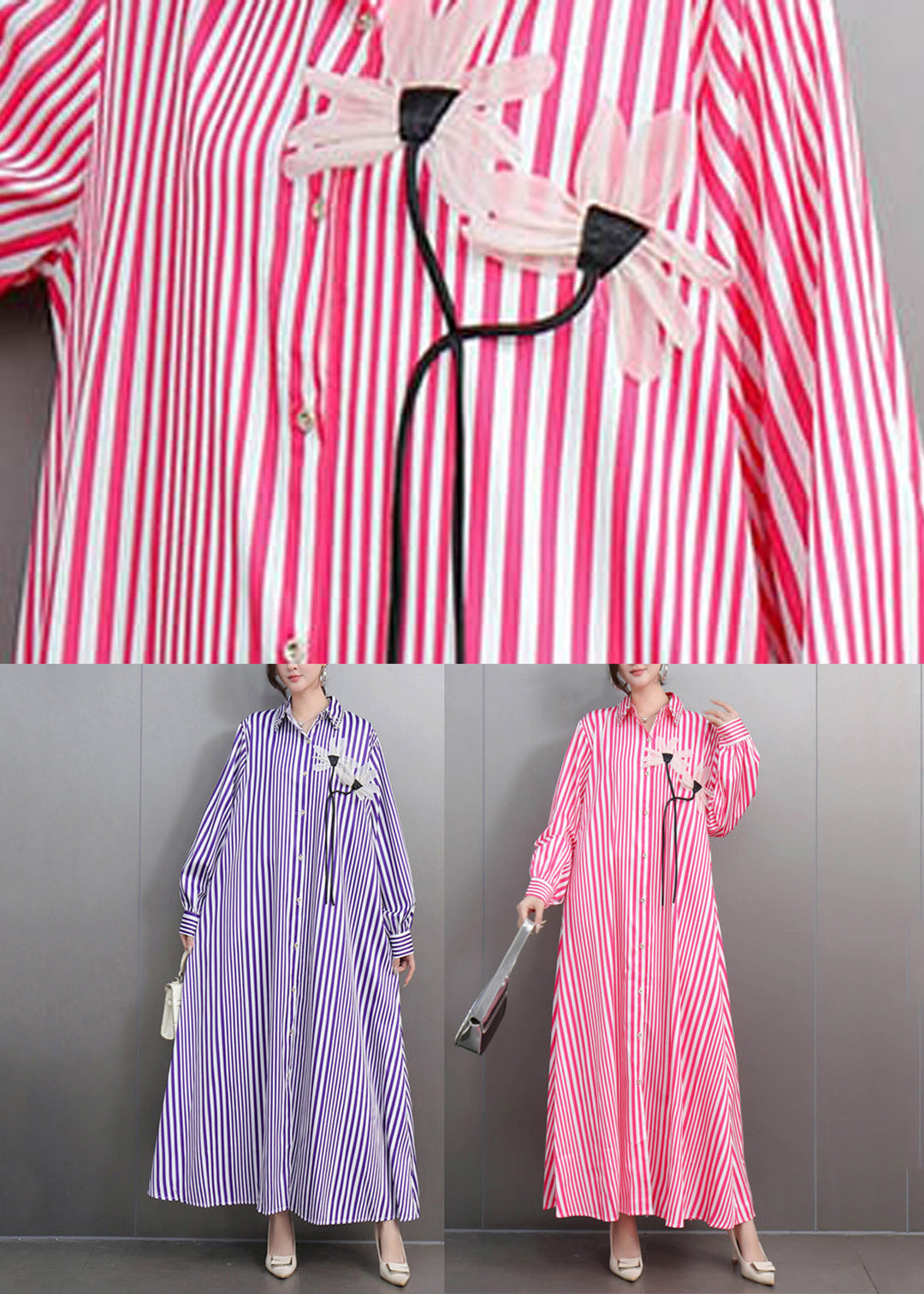 Purple Striped Button Party Long Dress Fall