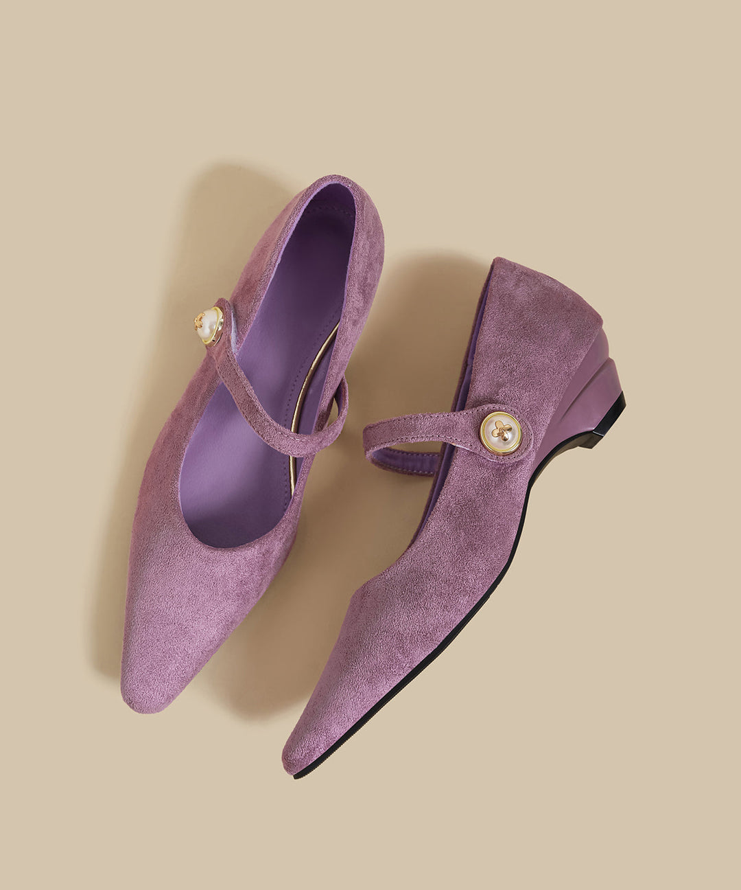 Purple Suede Buckle Strap Splicing Wedge Heels Shoes