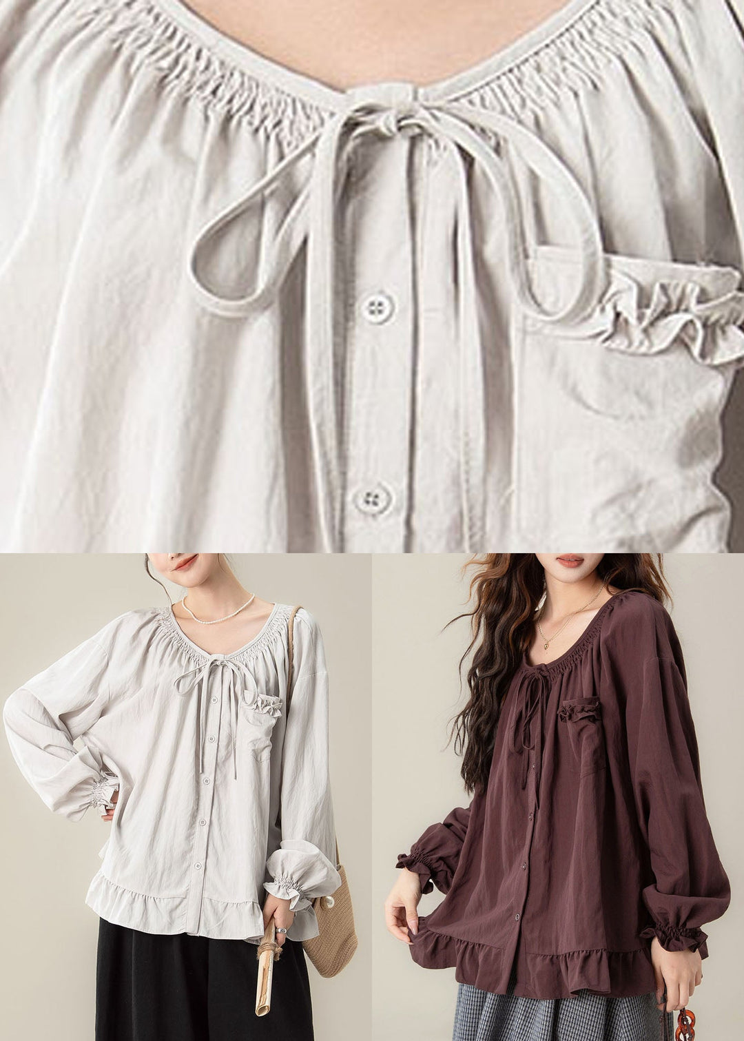 Purple Tie Lace Solid Shirt Lantern Sleeve