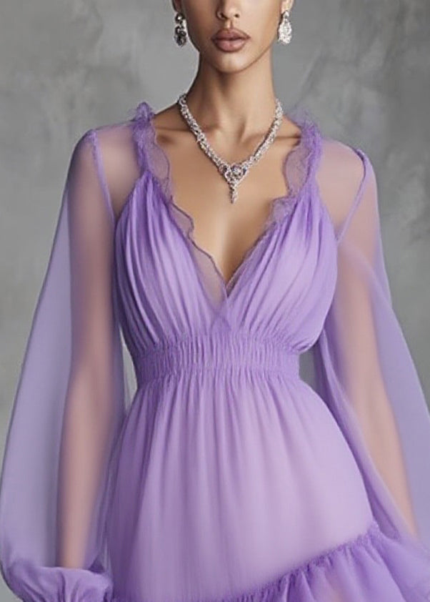 Purple Wrinkled High Waist Tulle Mid Dress V Neck Spring - Omychic