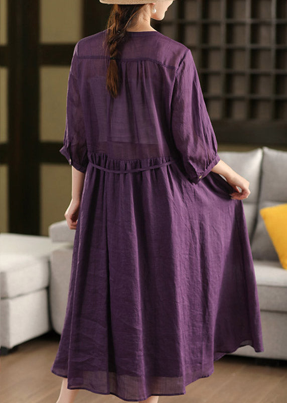 Purple Wrinkled Tie Waist Solid Linen Holiday Maxi Dress Summer