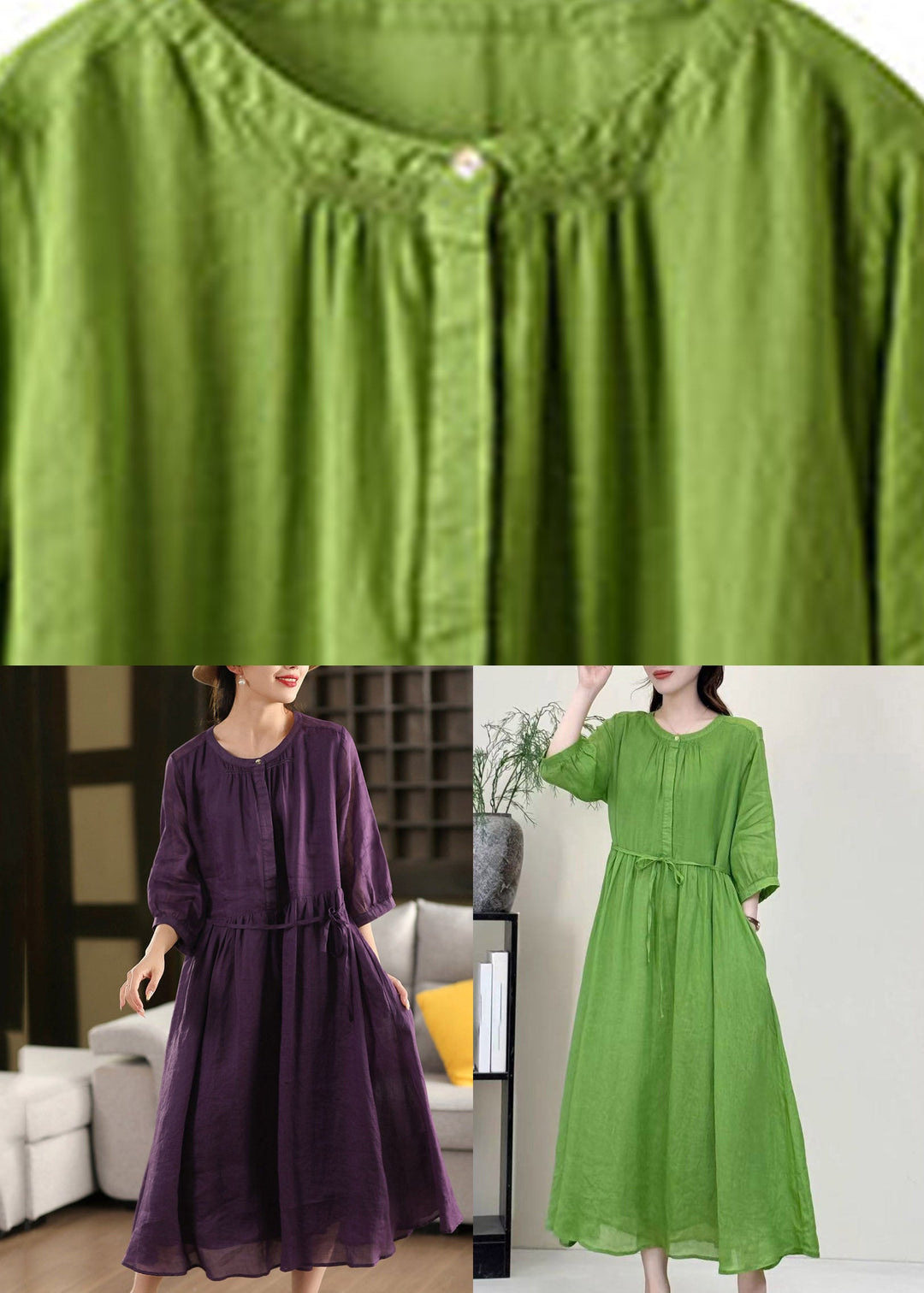 Purple Wrinkled Tie Waist Solid Linen Holiday Maxi Dress Summer