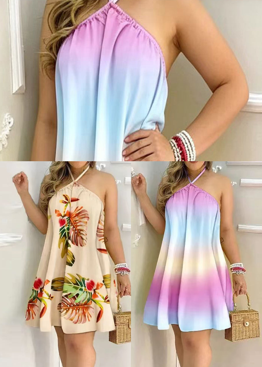 Rainbow Backless Cotton Tea Dress Sleeveless