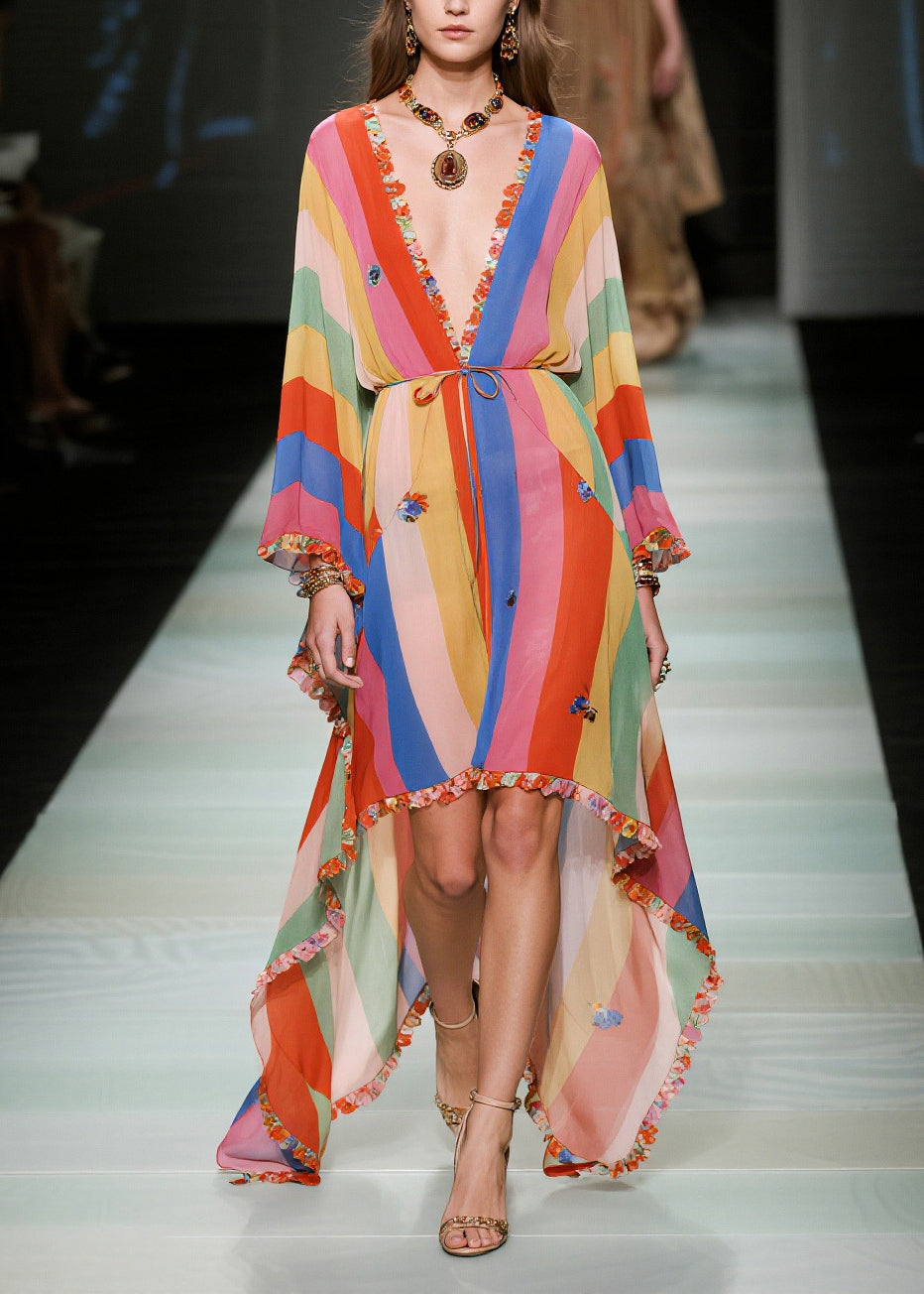 Rainbow Striped Chiffon Beach Dress Ruffled Butterfly Summer