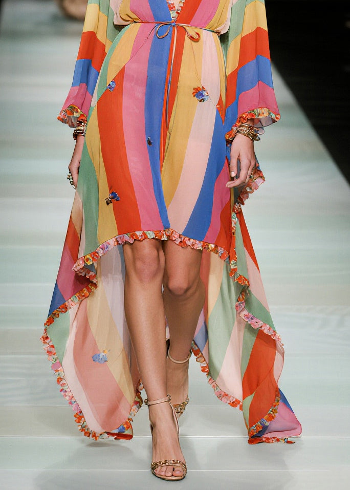 Rainbow Striped Chiffon Beach Dress Ruffled Butterfly Summer