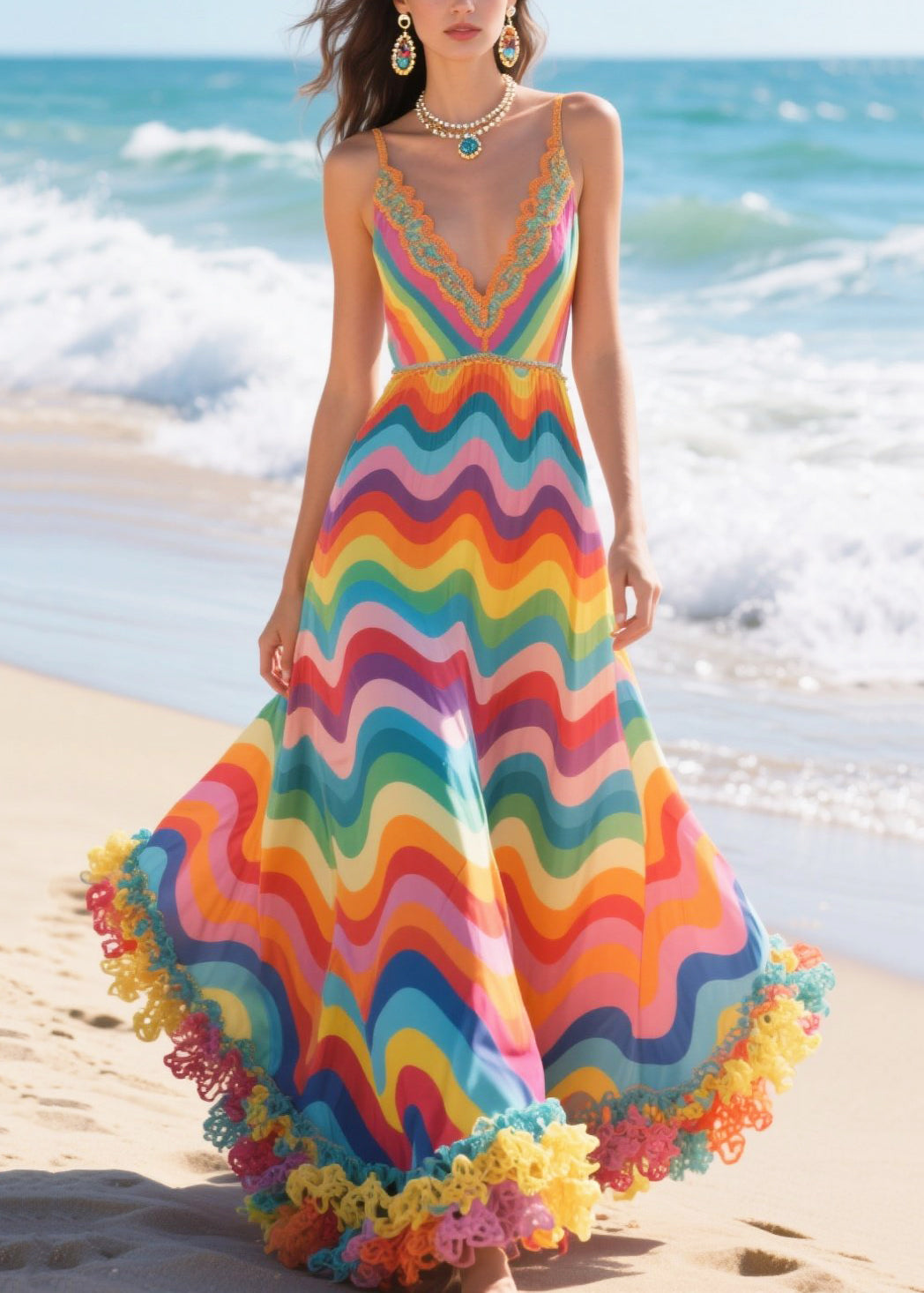 Rainbow Striped Chiffon Mini Dress Ruffled Exra Large Hem Summer