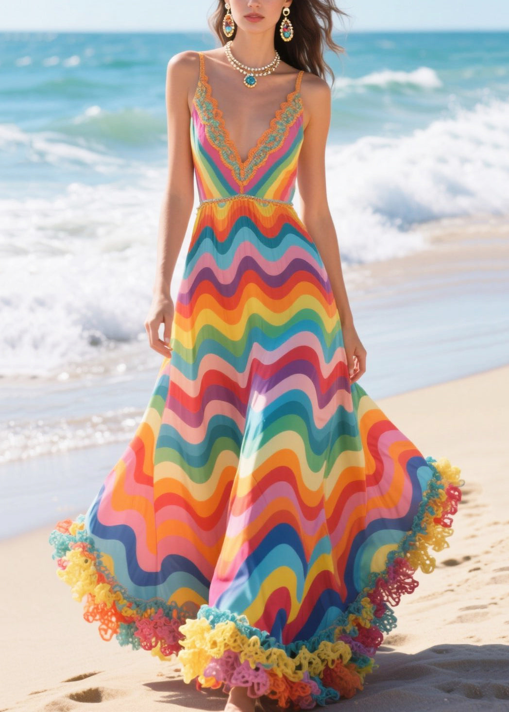 Rainbow Striped Chiffon Mini Dress Ruffled Exra Large Hem Summer