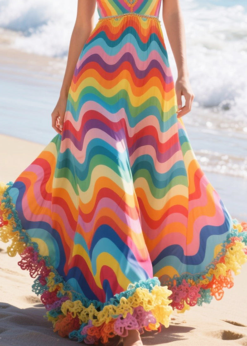 Rainbow Striped Chiffon Mini Dress Ruffled Exra Large Hem Summer