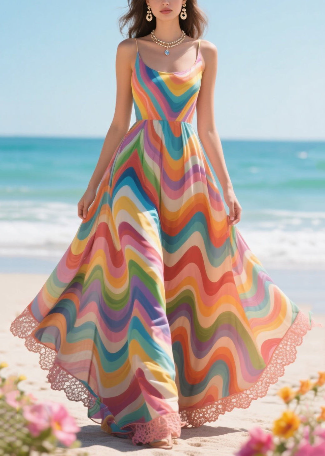 Rainbow Striped Chiffon Sundress Exra Large Hem Summer
