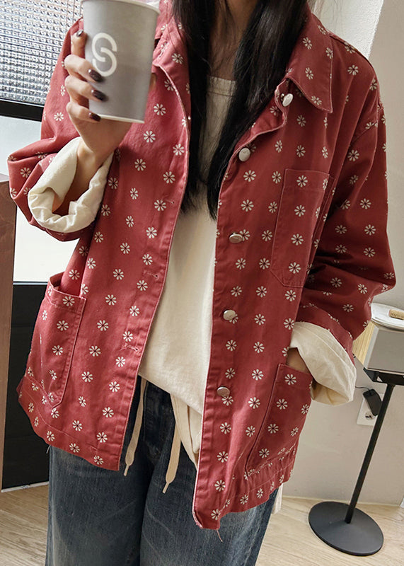 Red Button Pockets Cotton Coats Peter Pan Collar