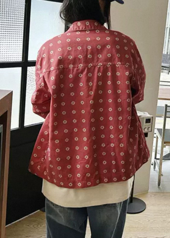 Red Button Pockets Cotton Coats Peter Pan Collar