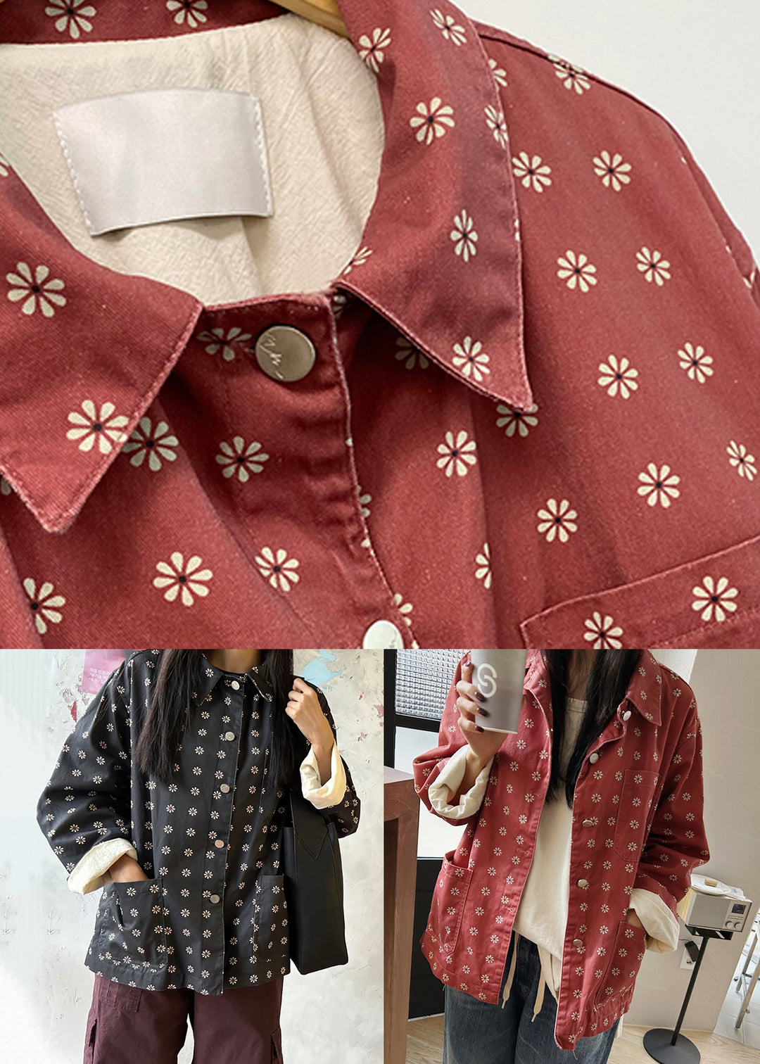 Red Button Pockets Cotton Coats Peter Pan Collar