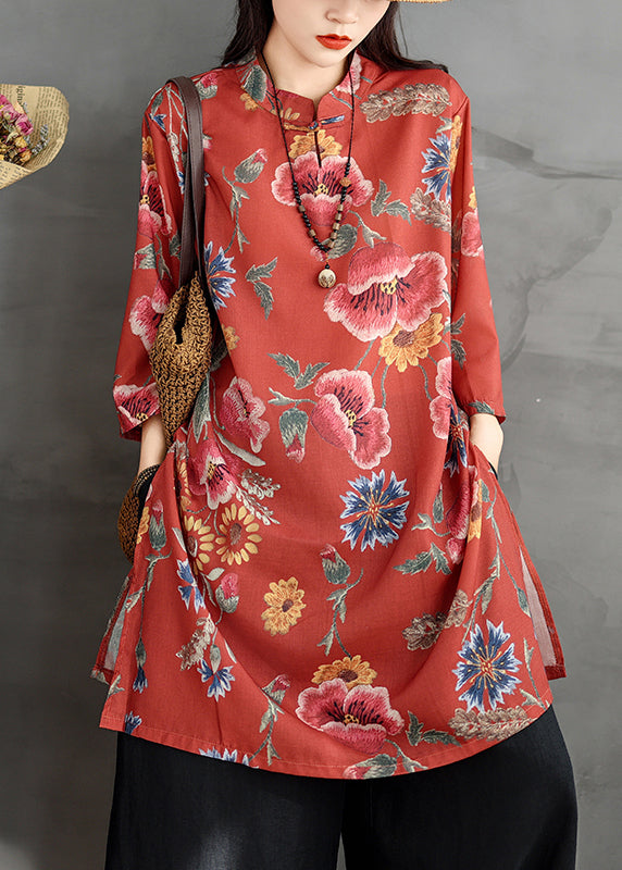 Red Button Print Linen Shirt Dresses Stand Collar Bracelet Sleeve