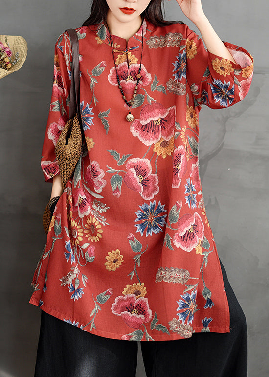 Red Button Print Linen Shirt Dresses Stand Collar Bracelet Sleeve