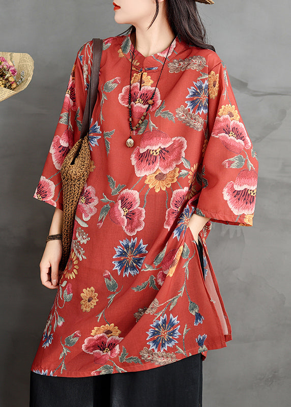Red Button Print Linen Shirt Dresses Stand Collar Bracelet Sleeve