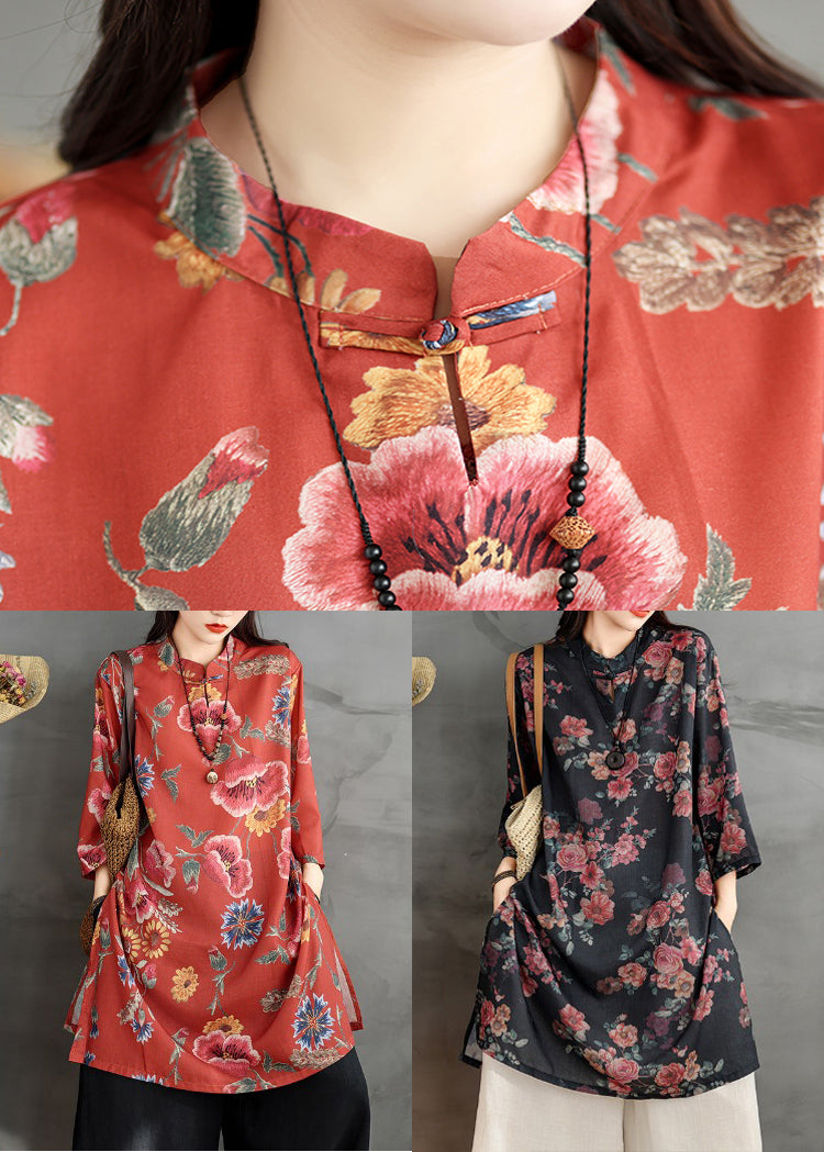 Red Button Print Linen Shirt Dresses Stand Collar Bracelet Sleeve