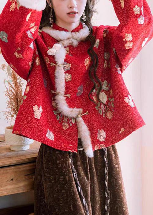 Red Chinese Button Patchwork Warm Fleece Winter Parka Stand Collar