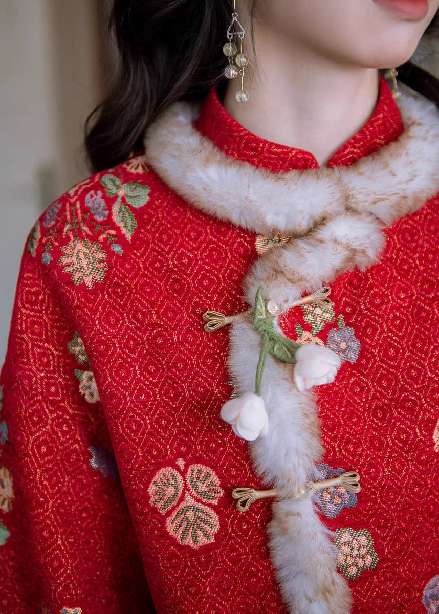 Red Chinese Button Patchwork Warm Fleece Winter Parka Stand Collar