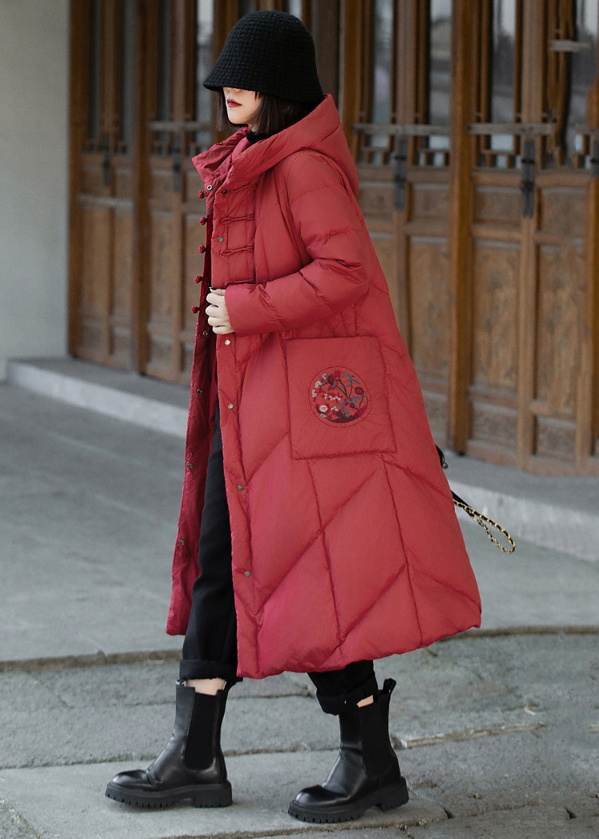 Red Chinese Button Pockets Duck Down Winter Long Coats Hooded