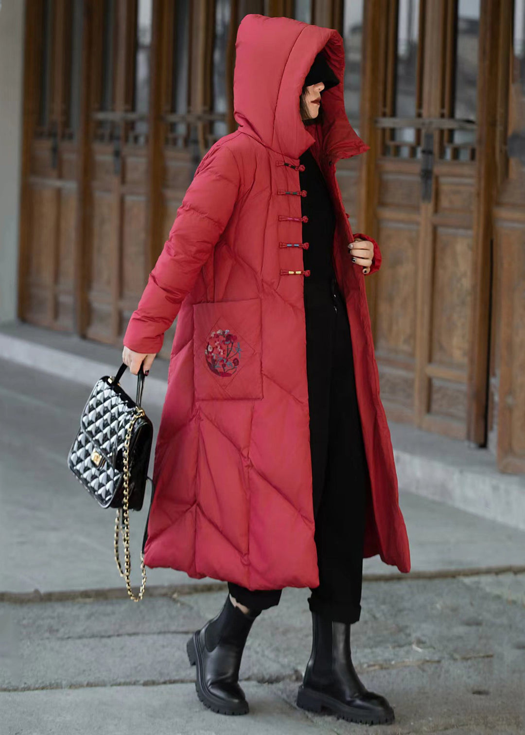 Red Chinese Button Pockets Duck Down Winter Long Coats Hooded