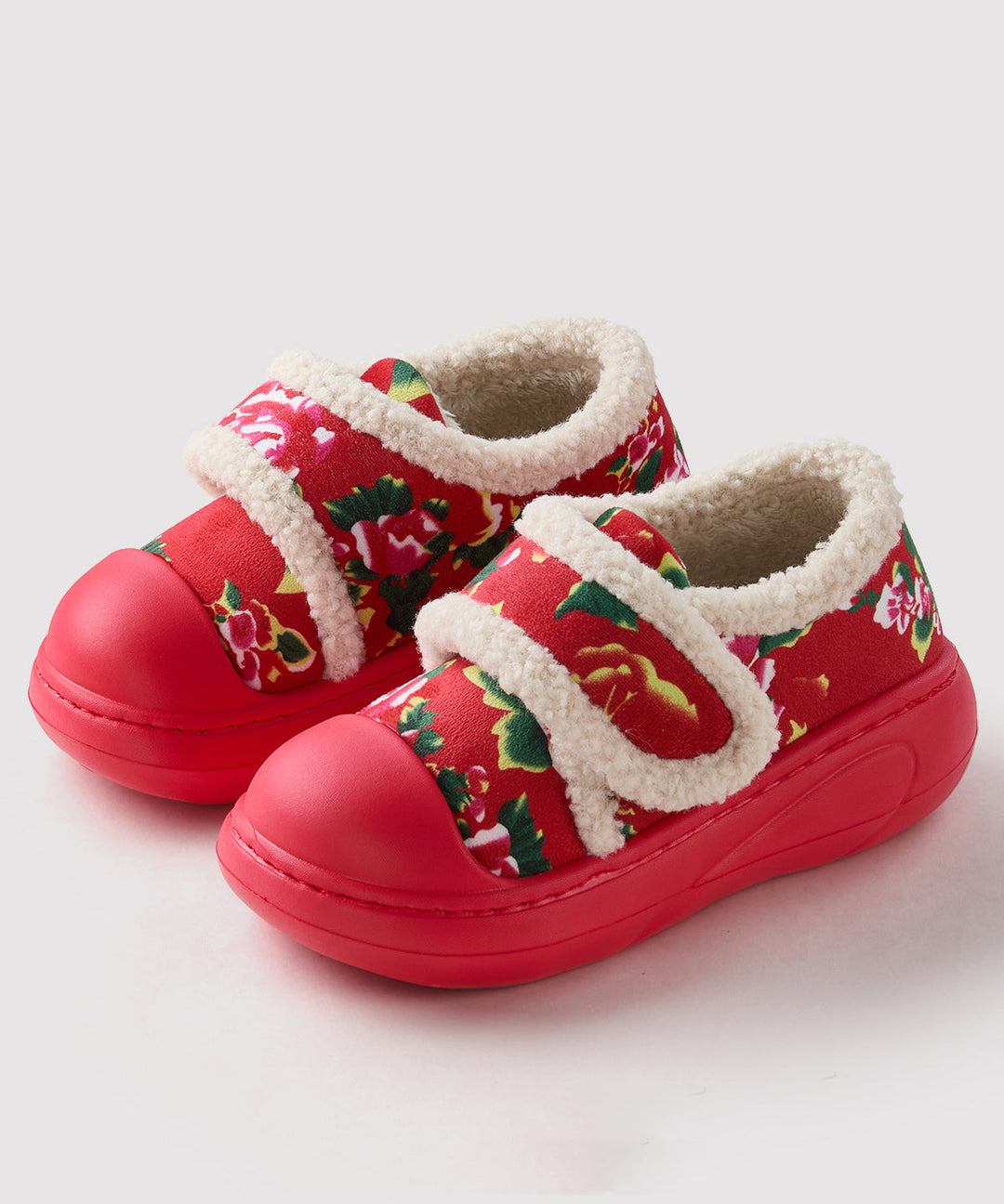 Red Cotton Fabric Flat Shoes Splicing Fuzzy Wool Lined