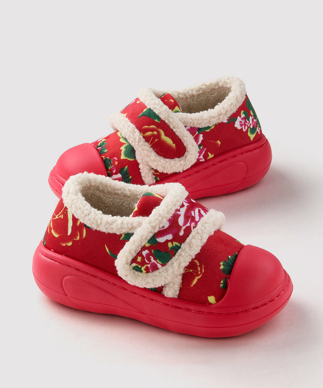 Red Cotton Fabric Flat Shoes Splicing Fuzzy Wool Lined