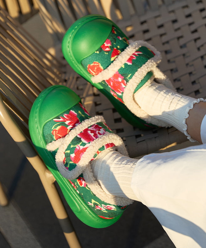 Red Cotton Fabric Flat Shoes Splicing Fuzzy Wool Lined