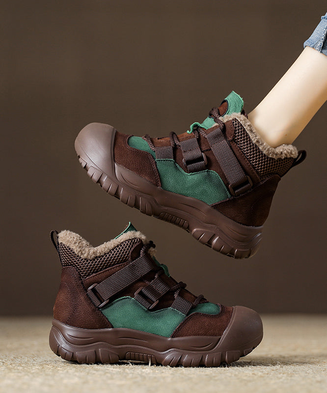 Red Cowhide Leather Boots Fuzzy Wool Lined Splicing Lace Up