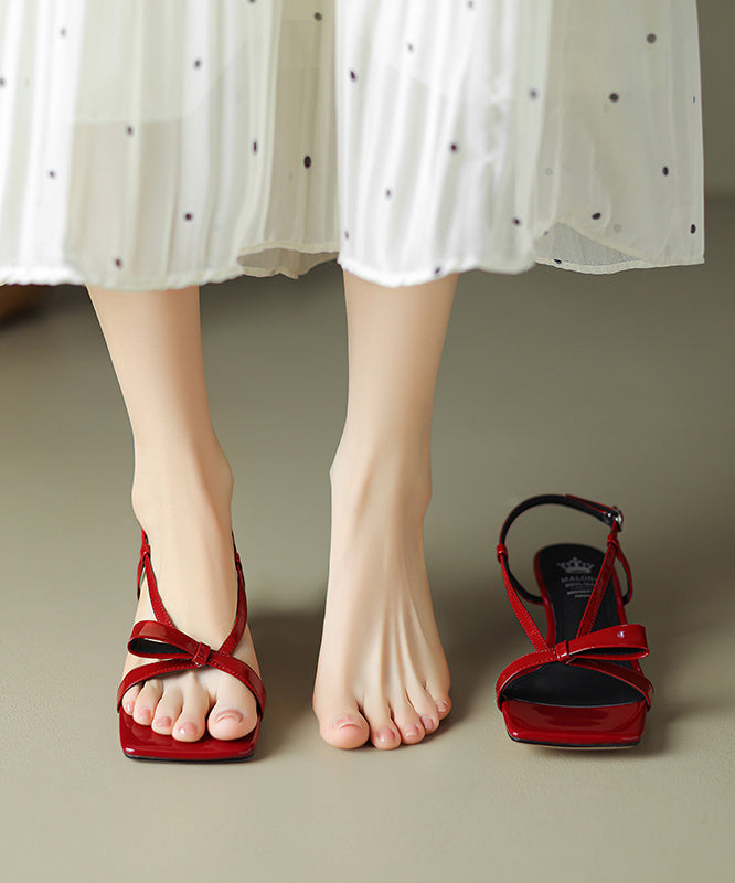 Red Cowhide Leather Bow Splicing French Sandals Peep Toe