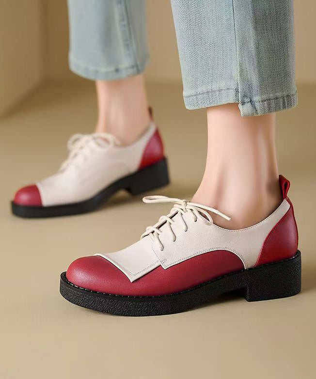 Red Cowhide Leather Splicing Boutique Chunky Loafers Lace Up