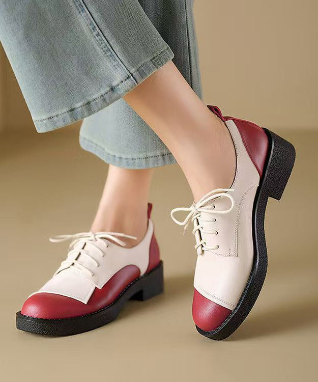 Red Cowhide Leather Splicing Boutique Chunky Loafers Lace Up