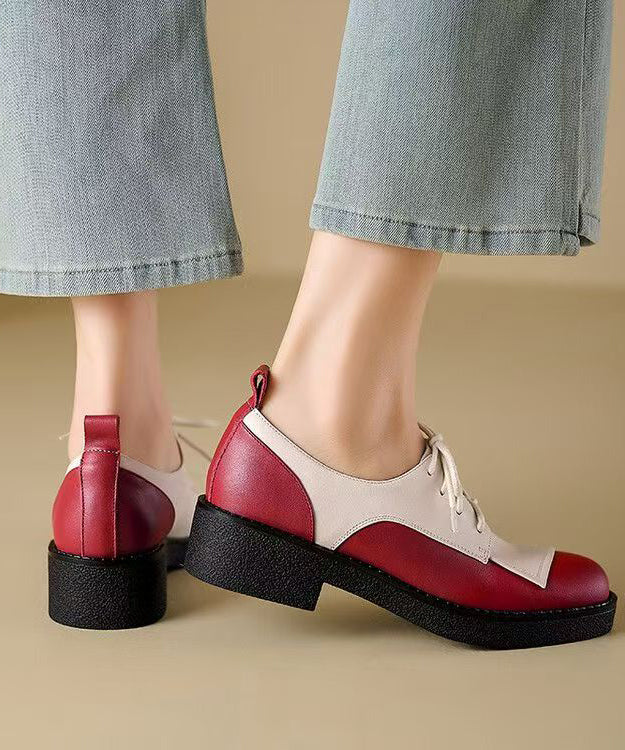 Red Cowhide Leather Splicing Boutique Chunky Loafers Lace Up