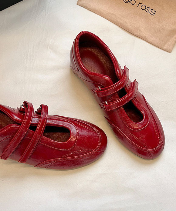 Red Cowhide Leather Wedge Heels Shoes Splicing Buckle Strap