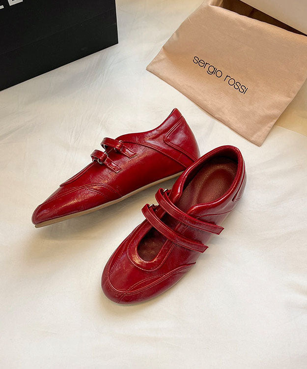 Red Cowhide Leather Wedge Heels Shoes Splicing Buckle Strap