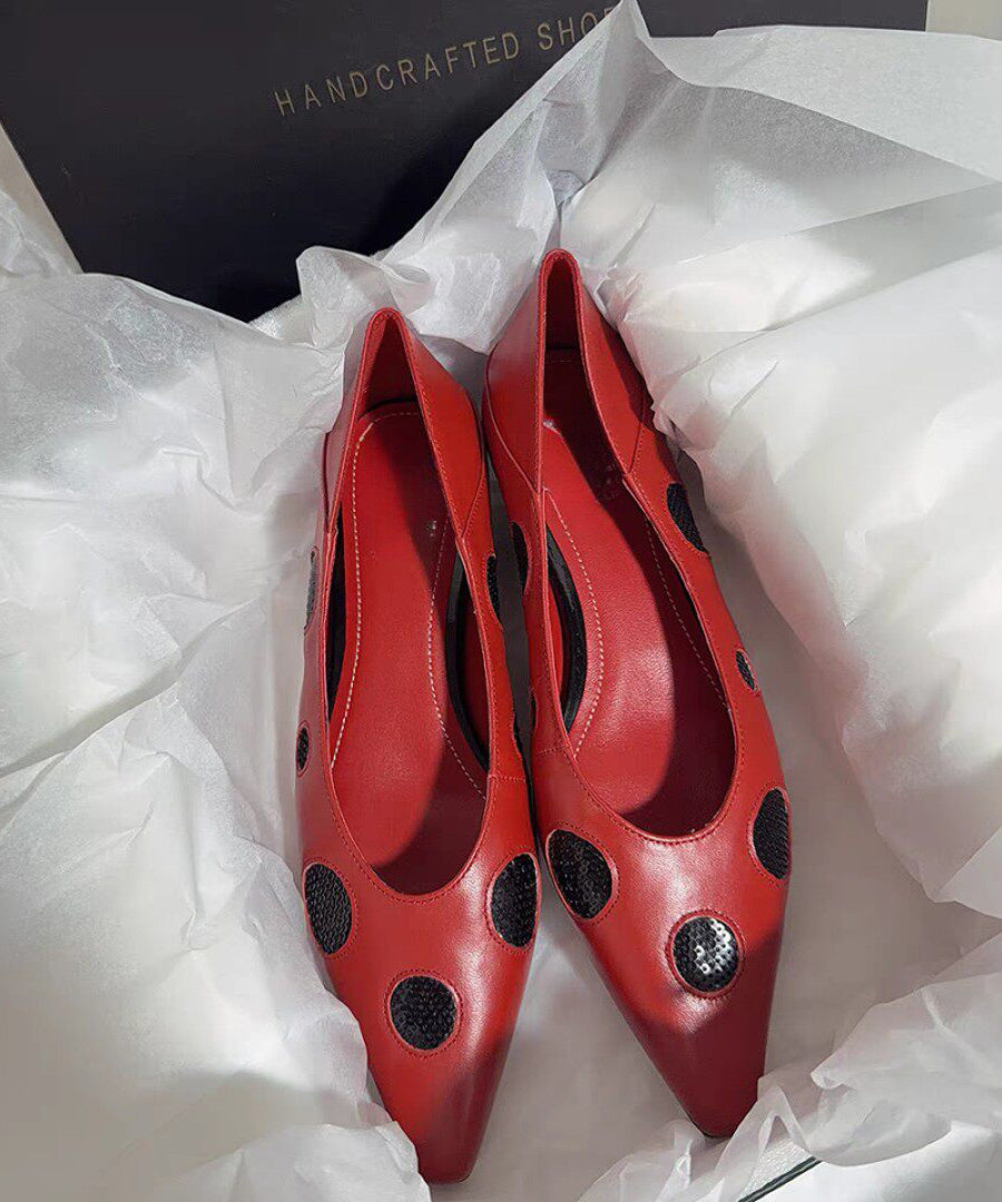Red Dot Sheepskin Flat Shoes Pointed Toe Splicing