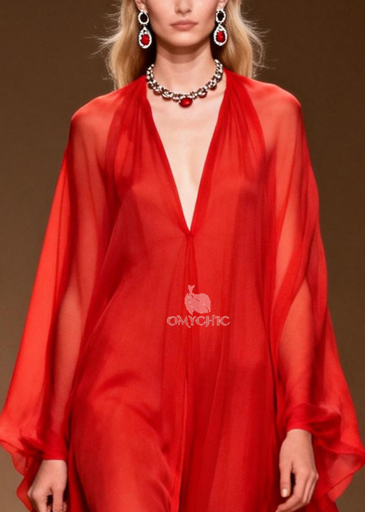 Red Draping Chiffon Long Dress Side Open Summer