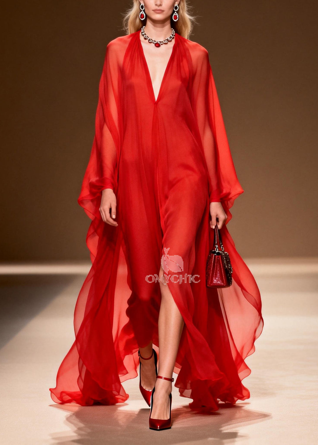 Red Draping Chiffon Long Dress Side Open Summer