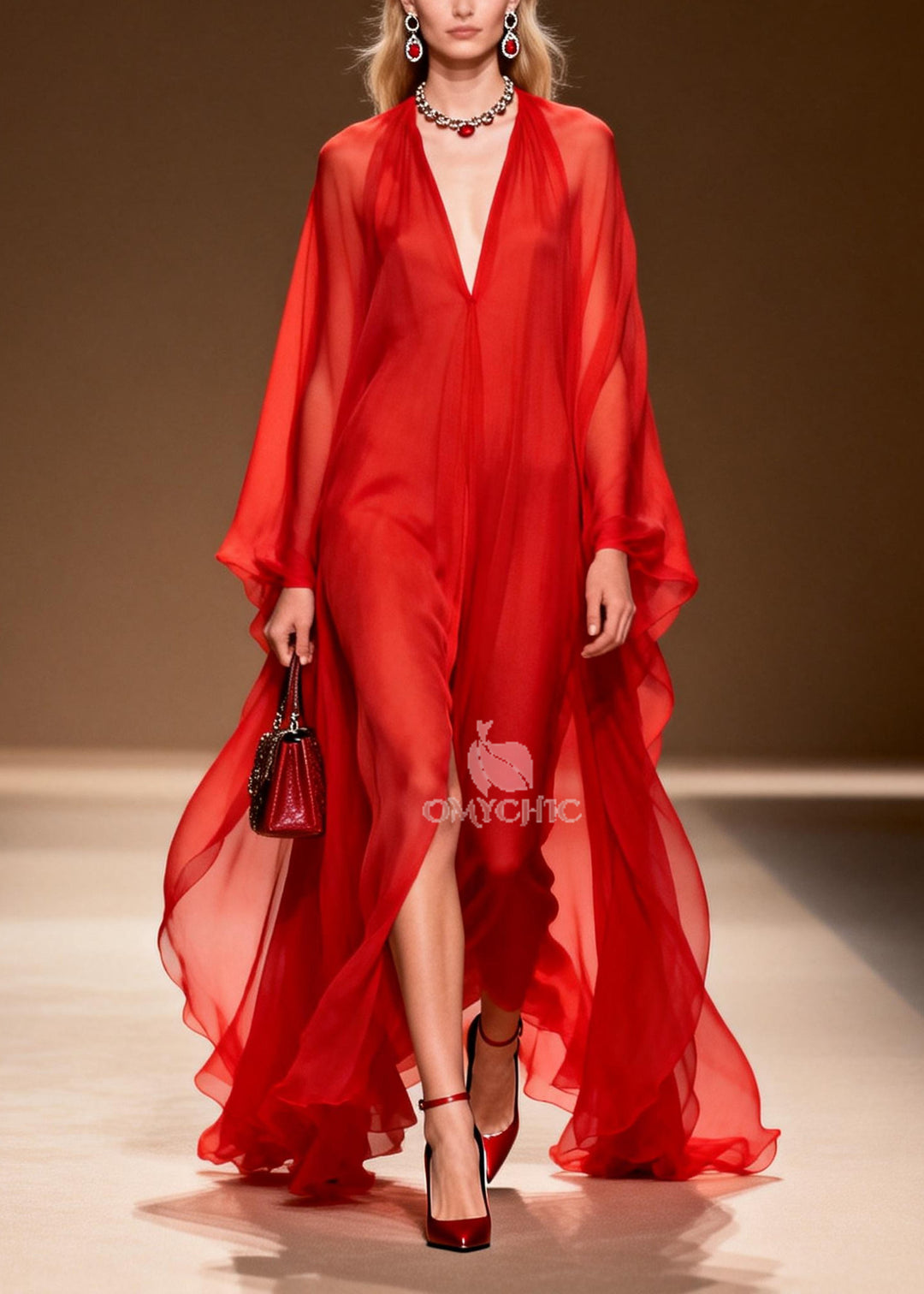 Red Draping Chiffon Long Dress Side Open Summer