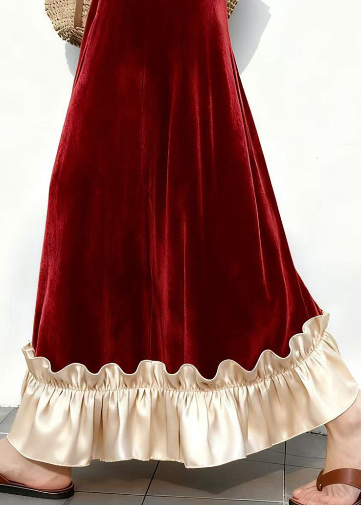 Red Elastic Waist Patchwork Velvet Skirts Ruffled