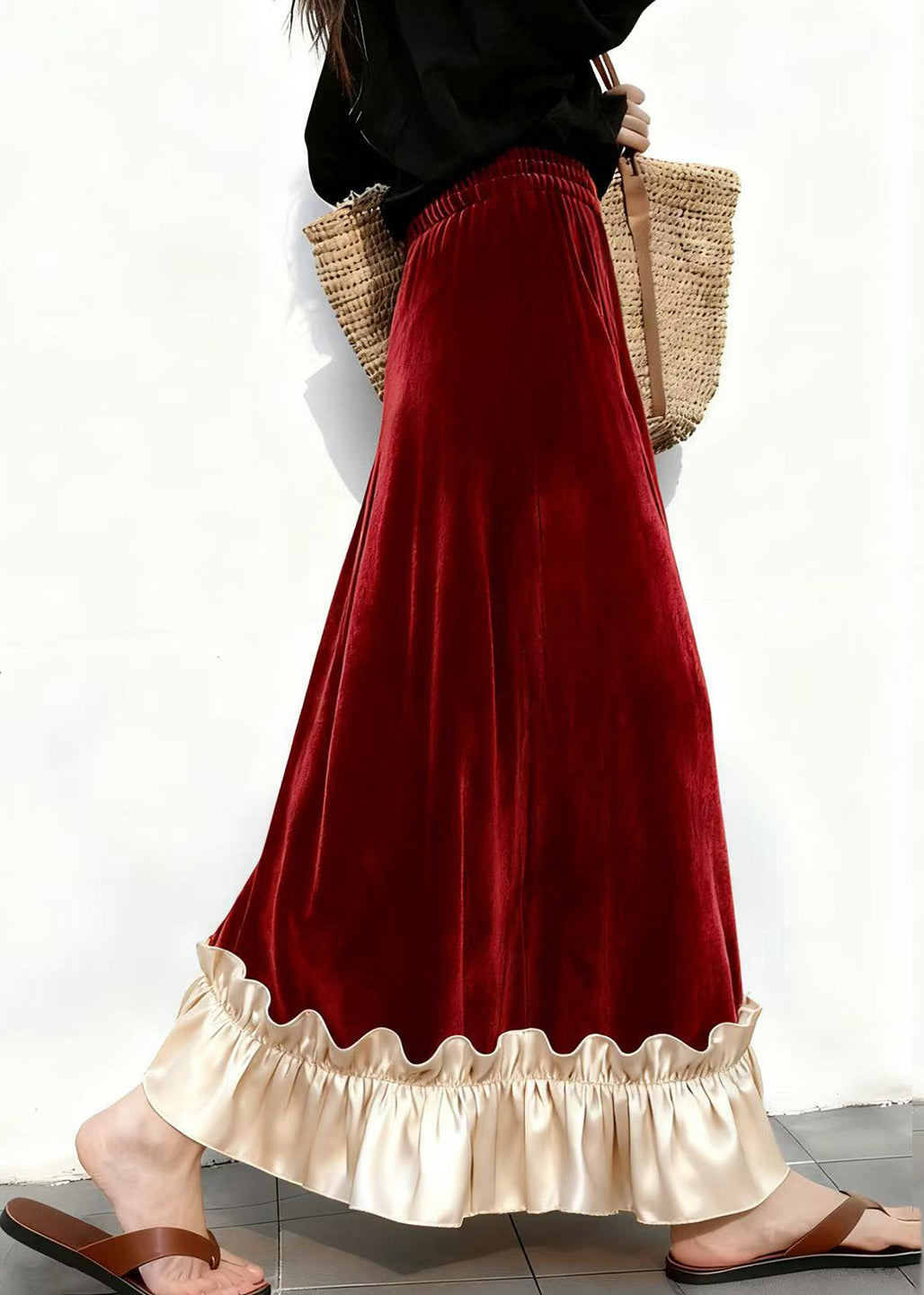 Red Elastic Waist Patchwork Velvet Skirts Ruffled