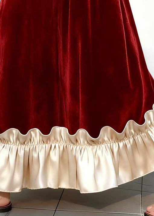 Red Elastic Waist Patchwork Velvet Skirts Ruffled