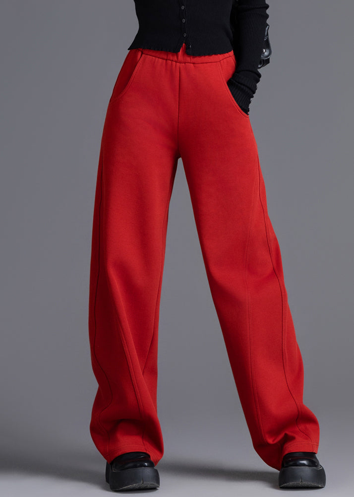 Red Elastic Waist Solid Cotton Spring Pants Pockets