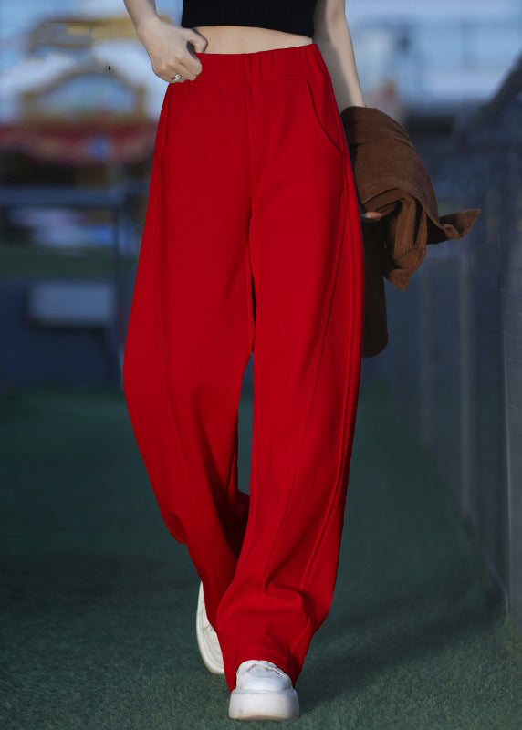 Red Elastic Waist Solid Warm Fleece Pants Pockets